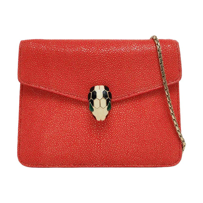 BVLGARI SERPENTI FOREVER Small Red Pearl Fish Skin Snakehead Shoulder Bag Crossbody with Multicolor Hardware-(SKU)-968505989