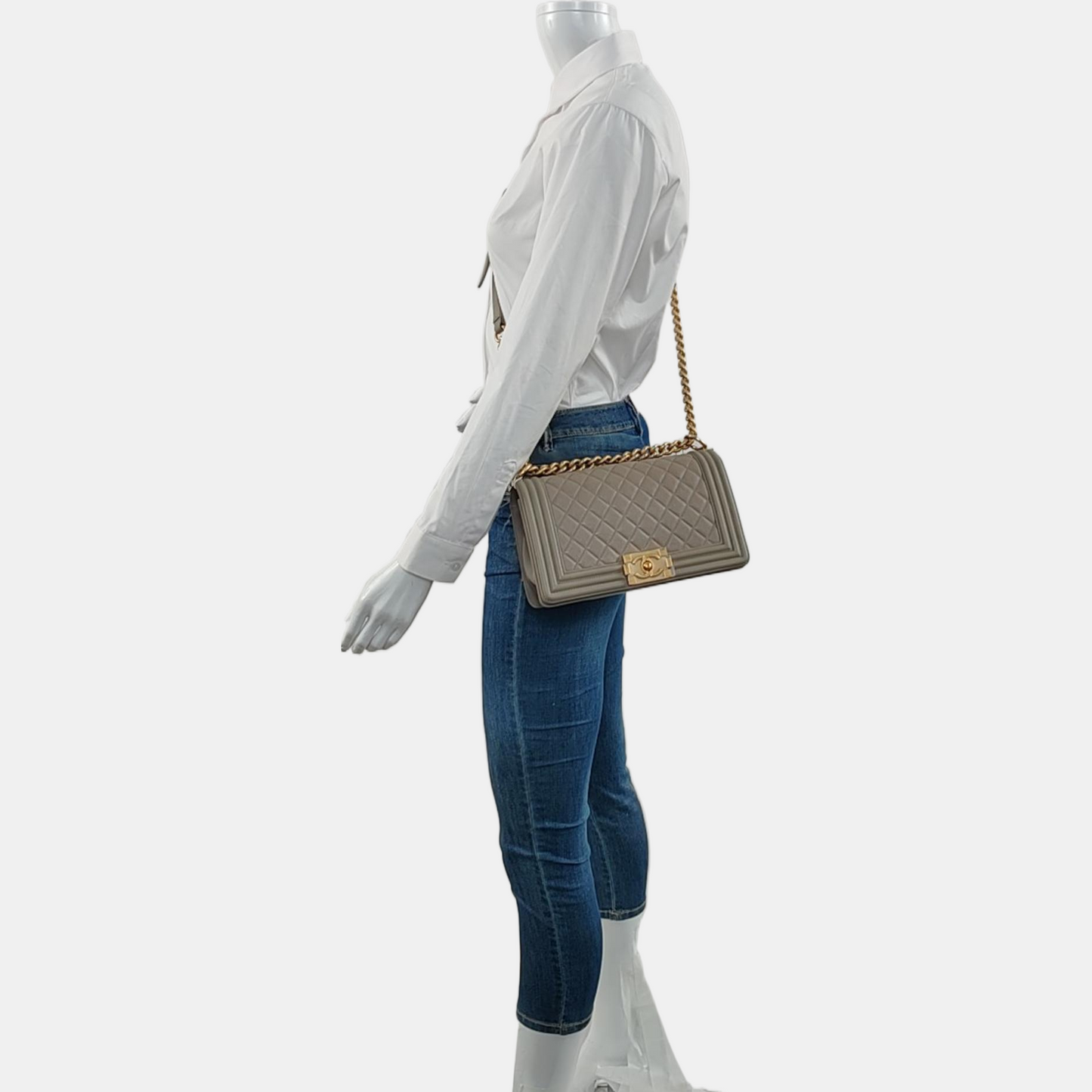 CHANEL BOY CHANEL Medium Size Grey Quilted Calfskin Shoulder Bag, Crossbody Bag with Detachable Strap-(SKU)-968745714