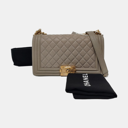 CHANEL BOY CHANEL Medium Size Grey Quilted Calfskin Shoulder Bag, Crossbody Bag with Detachable Strap-(SKU)-968745714