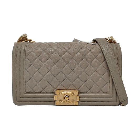 CHANEL BOY CHANEL Medium Size Grey Quilted Calfskin Shoulder Bag, Crossbody Bag with Detachable Strap-(SKU)-968745714