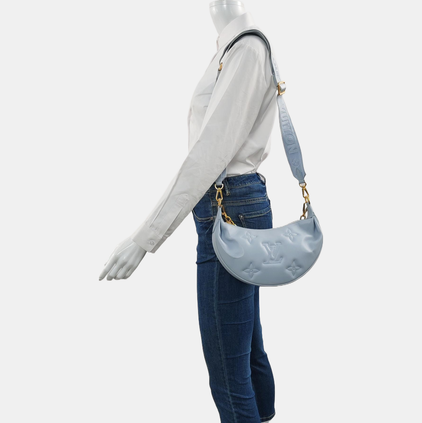 LOUIS VUITTON OVER THE MOON Small Size Blue Leather Monogram Embossed Dumpling Bag Shoulder Bag Crossbody Bag Handbag Detachable Strap Golden Hardware-(SKU)-968608135