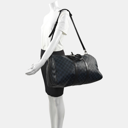 LOUIS VUITTON KEEPALL 45 Blue Coated Canvas Monogram Chessboard Boston Bag with Removable Strap-(SKU)-968524885