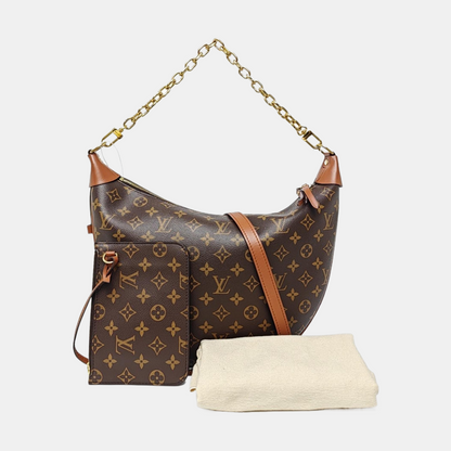 LOUIS VUITTON LOOP HOBO Brown Coated Canvas Monogram Crossbody Bag Tote Bag Shoulder Bag with Gold Hardware, Detachable Shoulder Straps, and 2 Pockets-(SKU)-968690429