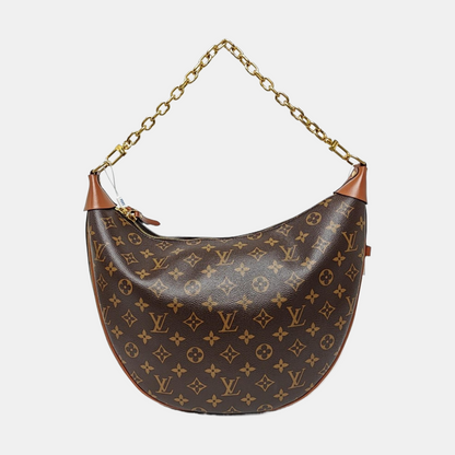 LOUIS VUITTON LOOP HOBO Brown Coated Canvas Monogram Crossbody Bag Tote Bag Shoulder Bag with Gold Hardware, Detachable Shoulder Straps, and 2 Pockets-(SKU)-968690429