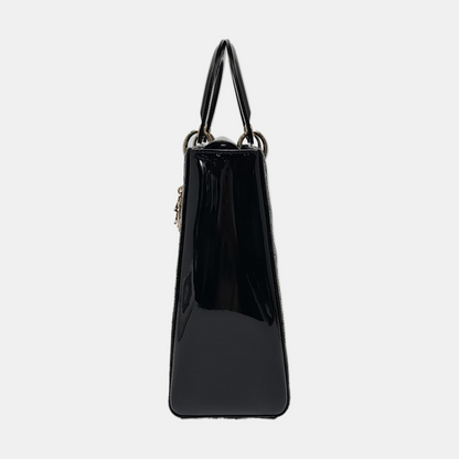 DIOR Lady Dior Large Black Patent Leather Quilted Cannage Diagonal Shoulder Bag with Detachable Strap-(SKU)-968905139