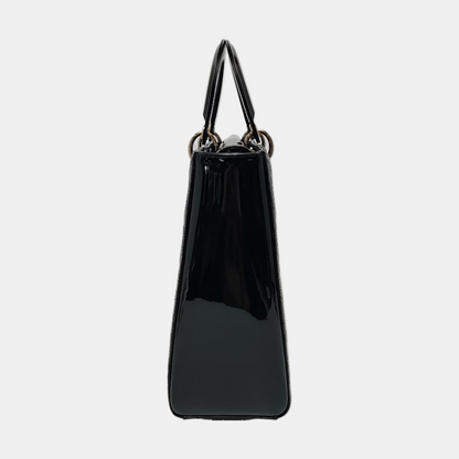 DIOR Lady Dior Large Black Patent Leather Quilted Cannage Diagonal Shoulder Bag with Detachable Strap-(SKU)-968905139