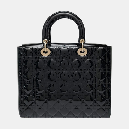 DIOR Lady Dior Large Black Patent Leather Quilted Cannage Diagonal Shoulder Bag with Detachable Strap-(SKU)-968905139