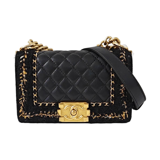 CHANEL BOY CHANEL Small Size Black Calfskin Quilted Diagonal Bag, Shoulder Bag with Detachable Strap, Golden Hardware, 23 Clasps-(SKU)-968888803
