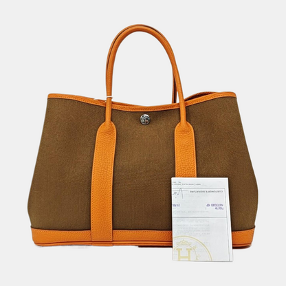 HERMÈS Garden Party 30 Chestnut Canvas Garden Bag with Silver Hardware-(SKU)-968662109