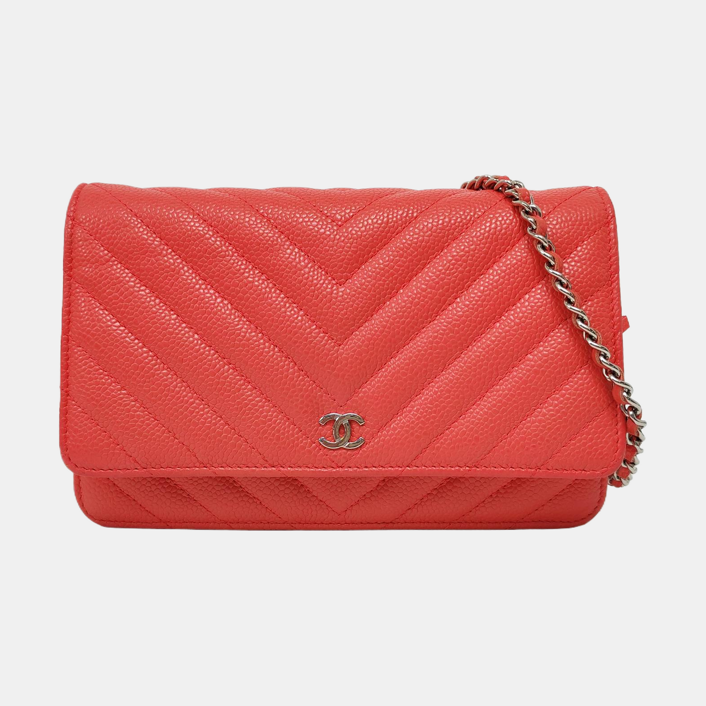 CHANEL WOC Orange Crinkle Calfskin Quilted V-Stitch Shoulder Bag Silver Hardware 26 Clasp-(SKU)-968739571