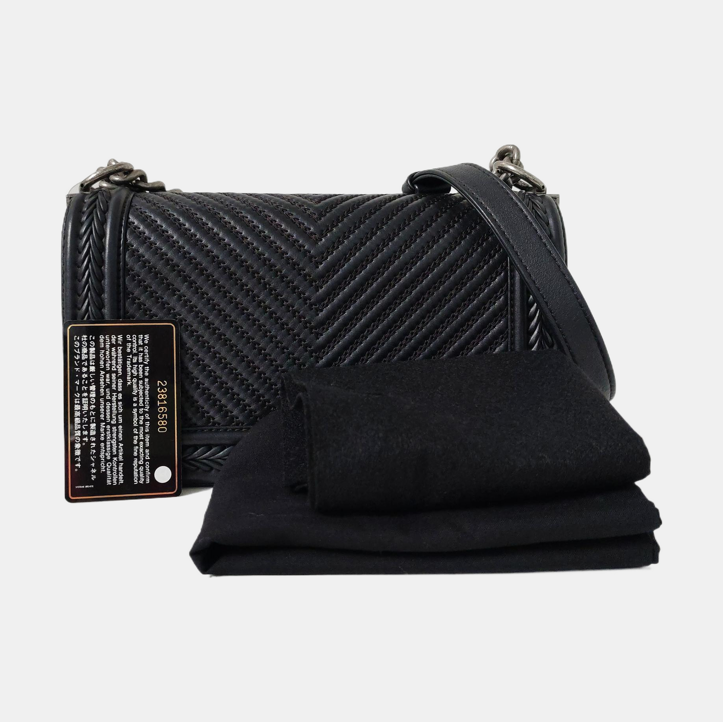 CHANEL BOY CHANEL Black Leather Quilted V-Stitch Crossbody Bag Rhodium Hardware 23 Openings Removable Strap-(SKU)-968641793