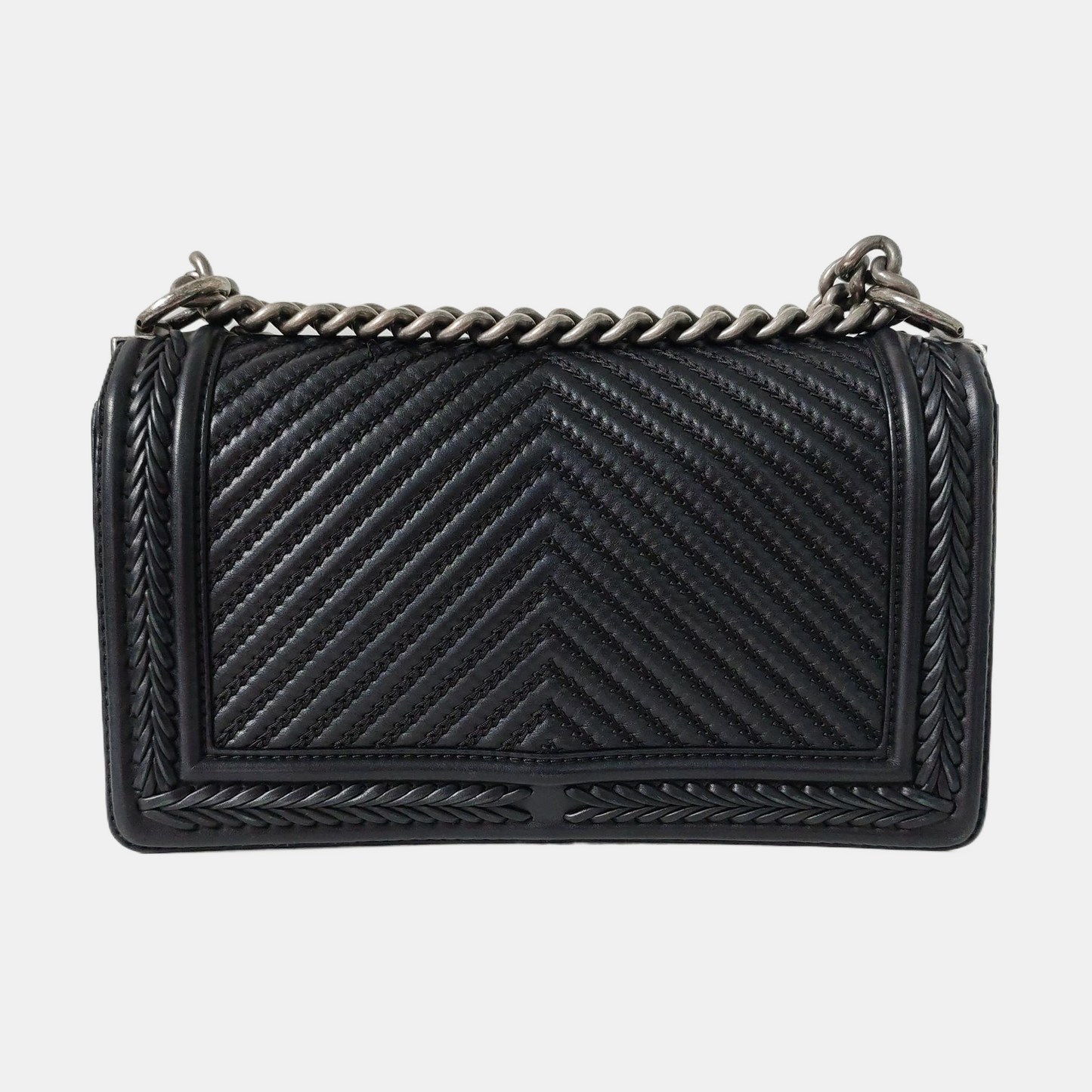 CHANEL BOY CHANEL Black Leather Quilted V-Stitch Crossbody Bag Rhodium Hardware 23 Openings Removable Strap-(SKU)-968641793