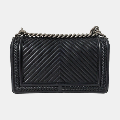 CHANEL BOY CHANEL Black Leather Quilted V-Stitch Crossbody Bag Rhodium Hardware 23 Openings Removable Strap-(SKU)-968641793