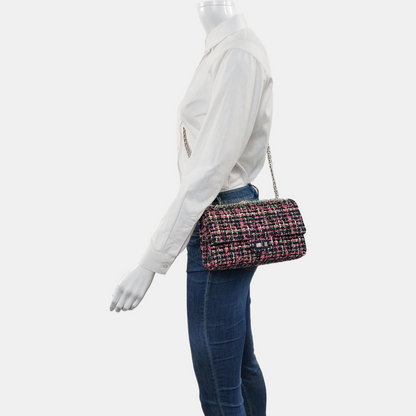 CHANEL 2.55 Small Color Blocked Tweed Woven Shoulder Bag with Silver Hardware, 27 Clasps-(SKU)-968658255
