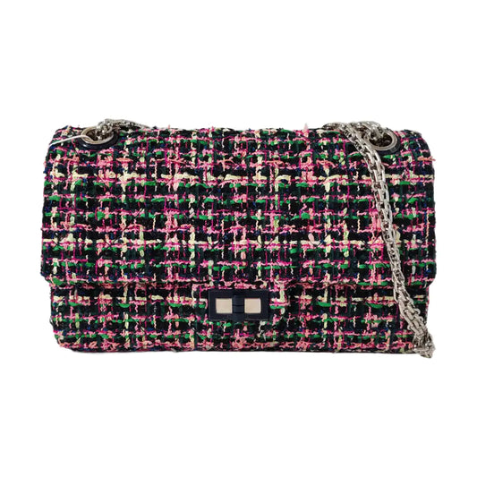 CHANEL 2.55 Small Color Blocked Tweed Woven Shoulder Bag with Silver Hardware, 27 Clasps-(SKU)-968658255