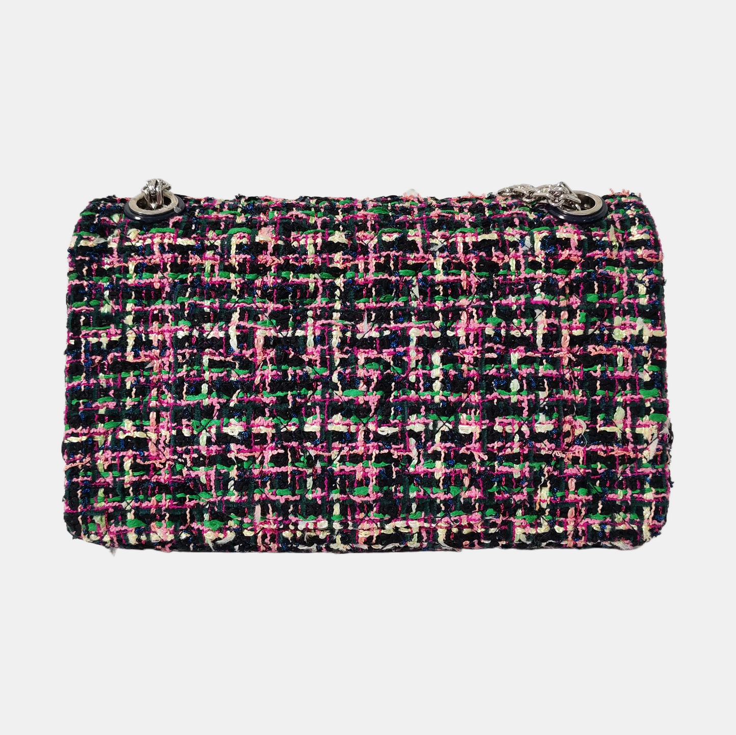 CHANEL 2.55 Small Color Blocked Tweed Woven Shoulder Bag with Silver Hardware, 27 Clasps-(SKU)-968658255
