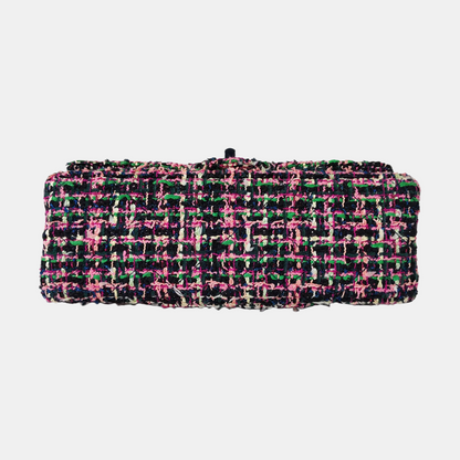 CHANEL 2.55 Small Color Blocked Tweed Woven Shoulder Bag with Silver Hardware, 27 Clasps-(SKU)-968658255