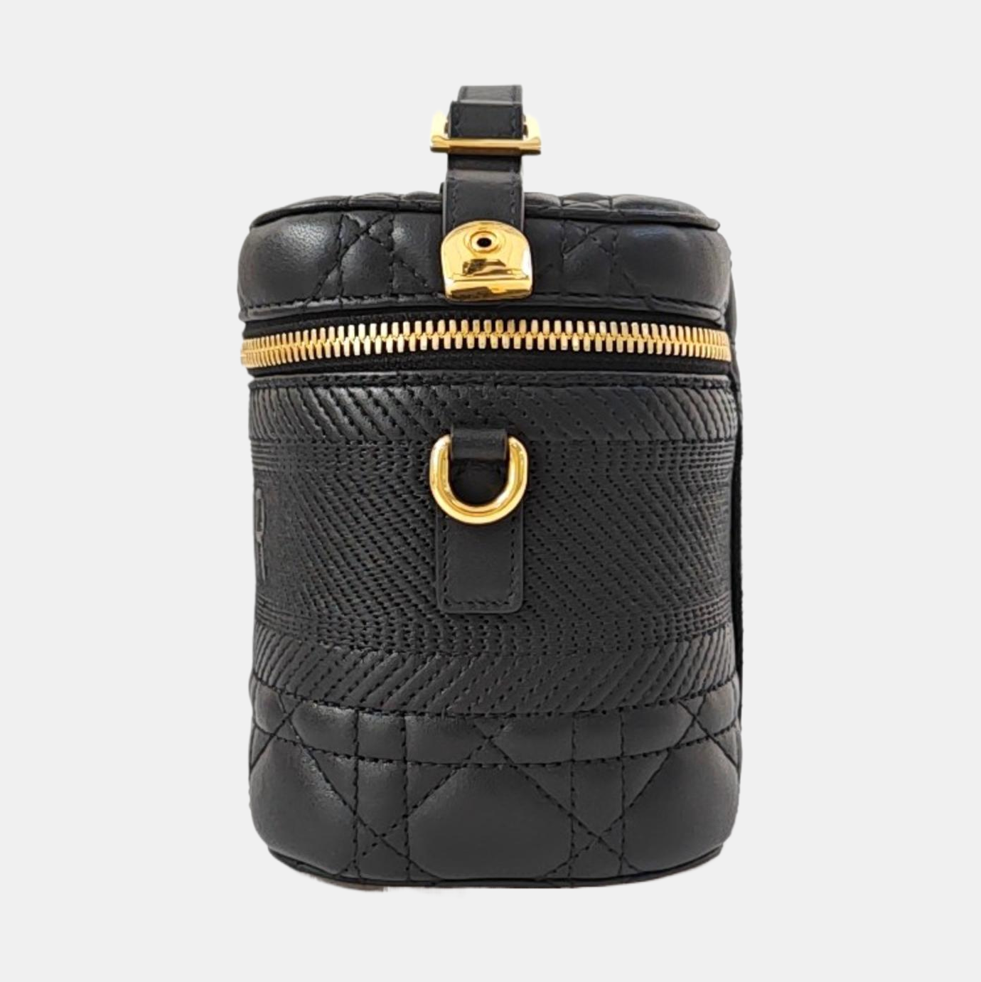 DIOR Travel Vanity Black Leather Woven Make-up Box Single Shoulder Bag Crossbody Bag Handbag Removable Strap Gold Hardware Accessories Included-(SKU)-968827217