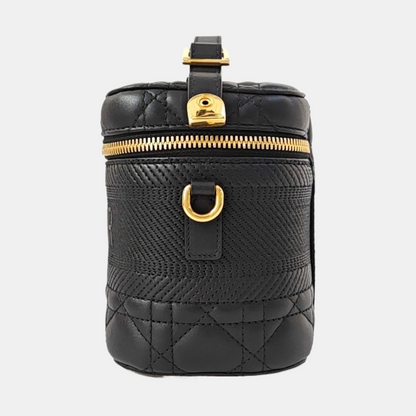 DIOR Travel Vanity Black Leather Woven Make-up Box Single Shoulder Bag Crossbody Bag Handbag Removable Strap Gold Hardware Accessories Included-(SKU)-968827217