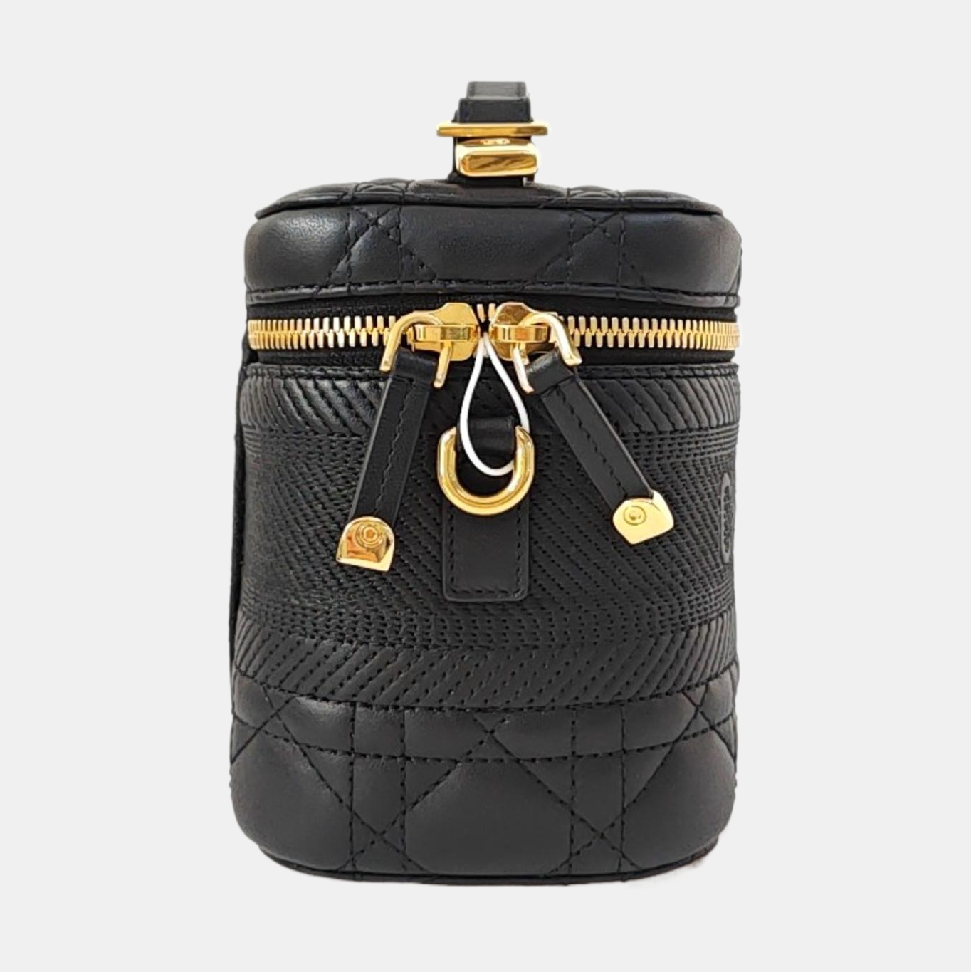DIOR Travel Vanity Black Leather Woven Make-up Box Single Shoulder Bag Crossbody Bag Handbag Removable Strap Gold Hardware Accessories Included-(SKU)-968827217