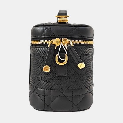 DIOR Travel Vanity Black Leather Woven Make-up Box Single Shoulder Bag Crossbody Bag Handbag Removable Strap Gold Hardware Accessories Included-(SKU)-968827217