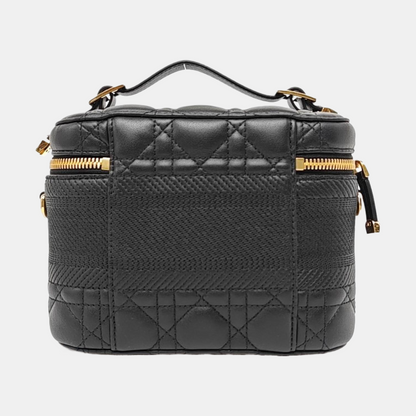 DIOR Travel Vanity Black Leather Woven Make-up Box Single Shoulder Bag Crossbody Bag Handbag Removable Strap Gold Hardware Accessories Included-(SKU)-968827217