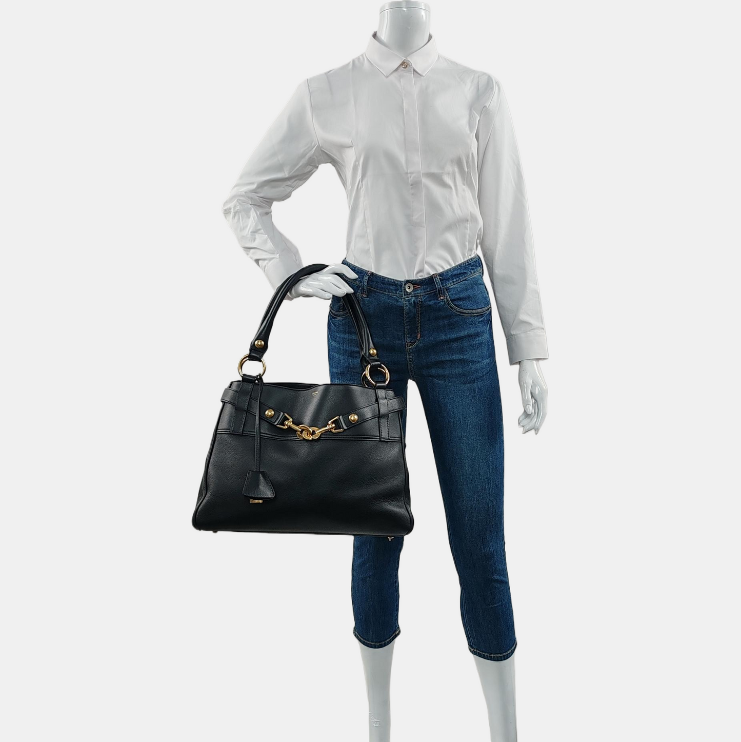 CELINE ANNABEL Medium Size Black Leather Tote Bag with Gold Hardware-(SKU)-968853801