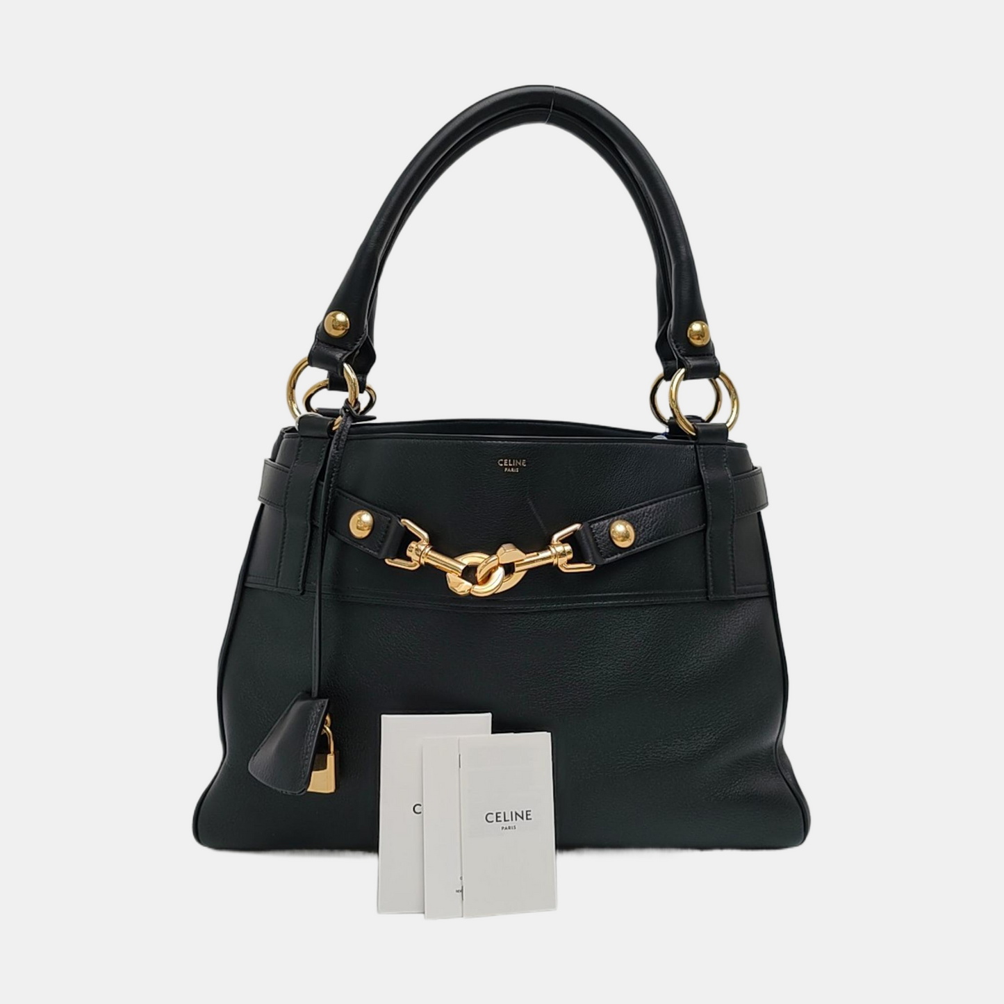 CELINE ANNABEL Medium Size Black Leather Tote Bag with Gold Hardware-(SKU)-968853801
