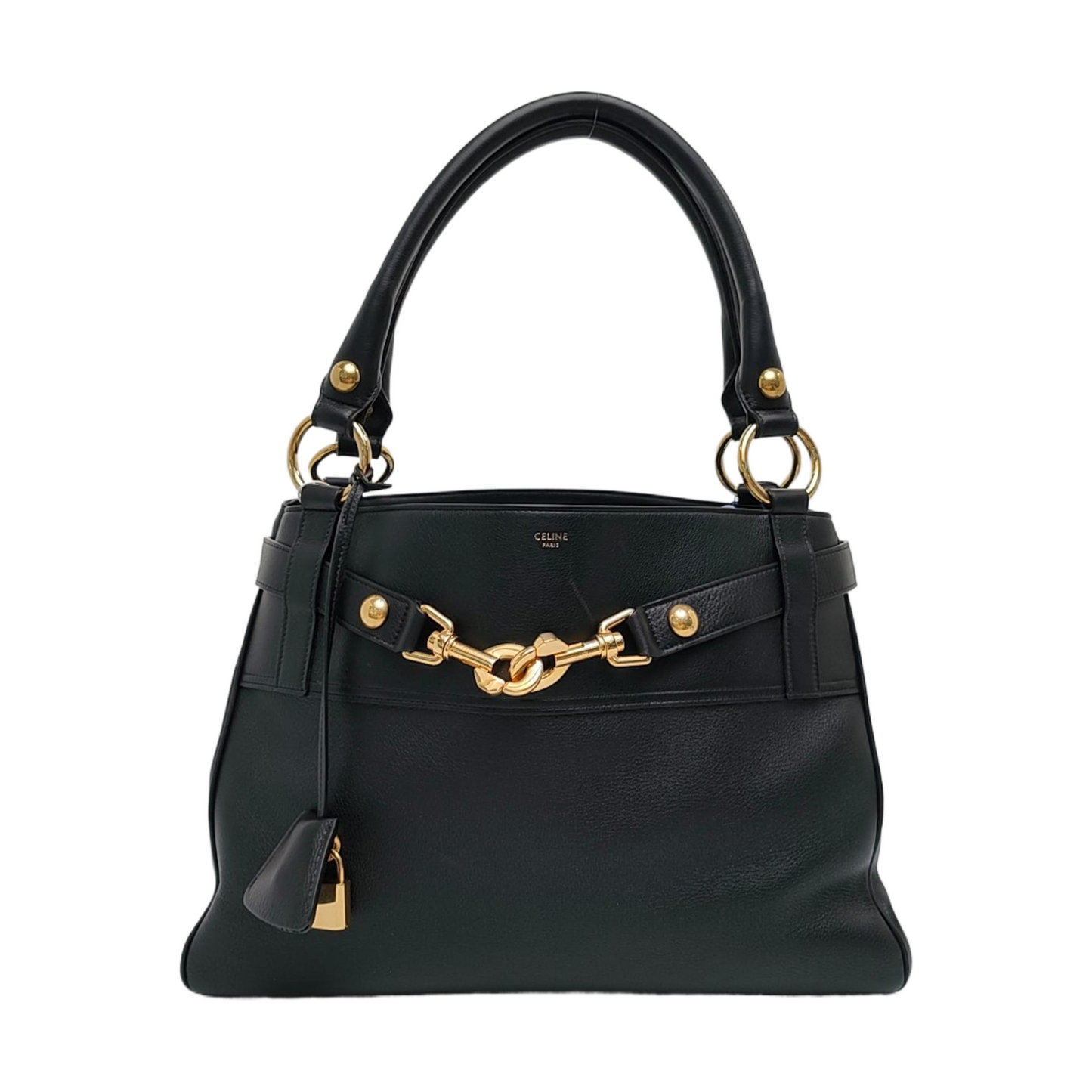 CELINE ANNABEL Medium Size Black Leather Tote Bag with Gold Hardware-(SKU)-968853801