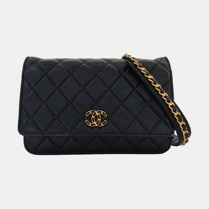 CHANEL CHANEL 19 WOC Black Lamb Skin Quilted Shoulder Bag Crossbody with Gold Hardware 28 Clasp-(SKU)-968974171