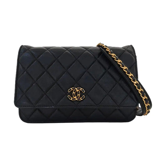 CHANEL CHANEL 19 WOC Black Lamb Skin Quilted Shoulder Bag Crossbody with Gold Hardware 28 Clasp-(SKU)-968974171