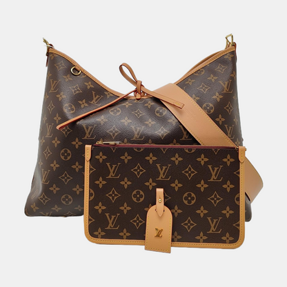 LOUIS VUITTON CARRYALL Medium Brown Coated Canvas Monogram Shoulder Bag Tote Bag Golden Hardware Removable Shoulder Strap-(SKU)-968874319