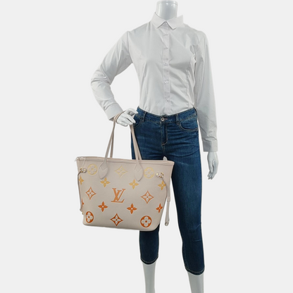 LOUIS VUITTON NEVERFULL Medium Beige Leather Monogram Tote Shoulder Bag with Shoulder Strap, Gold Hardware-(SKU)-968750223