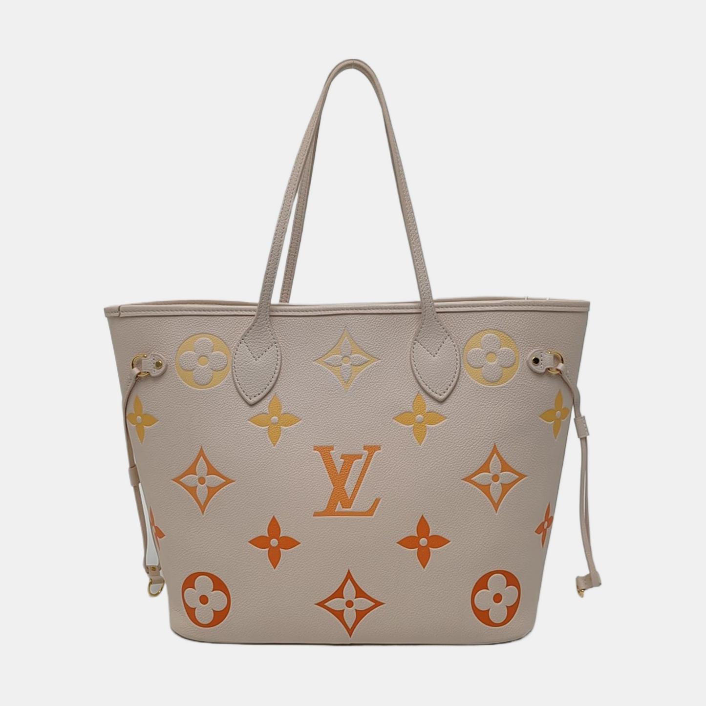 LOUIS VUITTON NEVERFULL Medium Beige Leather Monogram Tote Shoulder Bag with Shoulder Strap, Gold Hardware-(SKU)-968750223