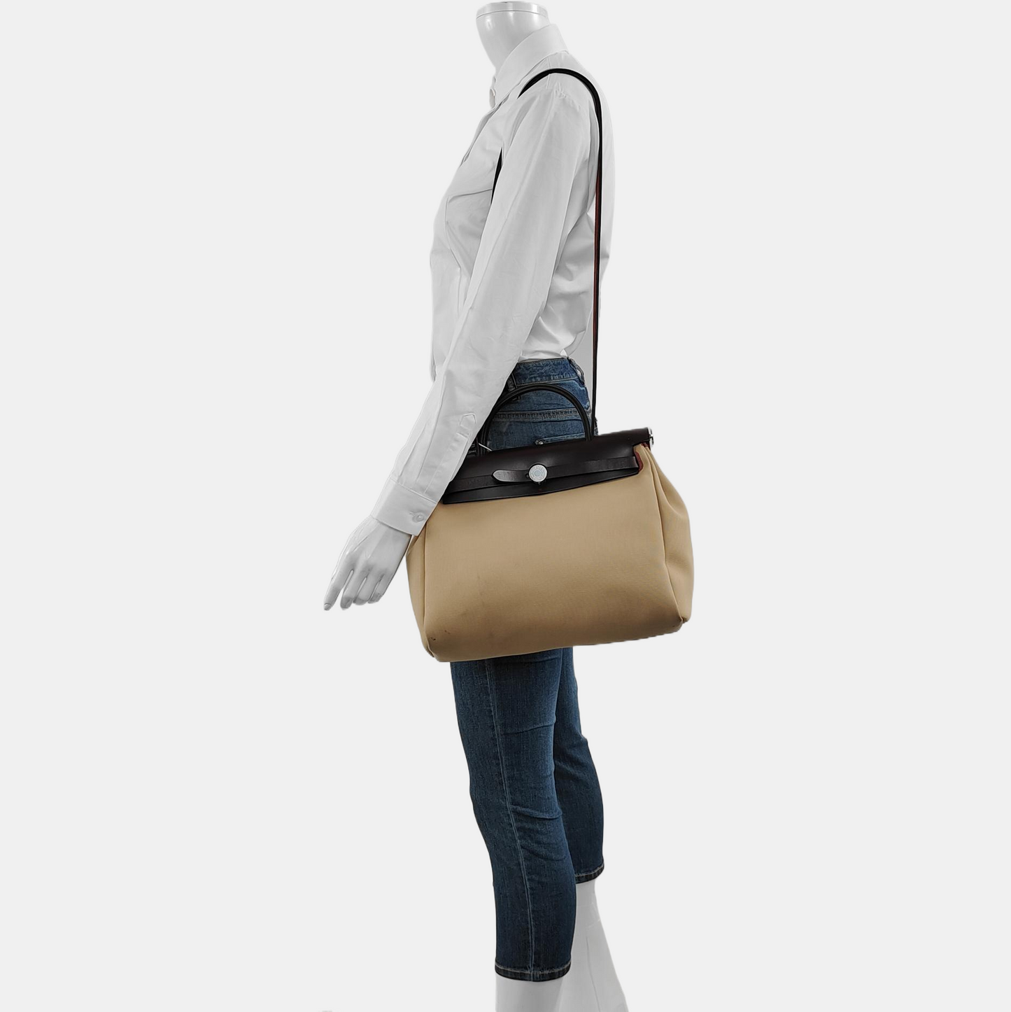 HERMÈS Herbag 31 Massala Tea Canvas Single Shoulder Bag Silver Hardware U Pouch Removable Strap-(SKU)-969010862