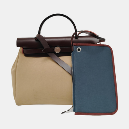 HERMÈS Herbag 31 Massala Tea Canvas Single Shoulder Bag Silver Hardware U Pouch Removable Strap-(SKU)-969010862