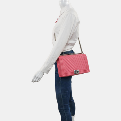 CHANEL BOY CHANEL Medium Pink Calfskin Quilted V Crossbody Bag Shoulder Bag Silver Hardware 22 Opening Removable Strap-(SKU)-968899749