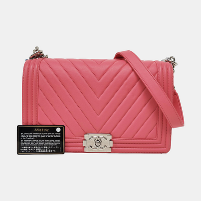 CHANEL BOY CHANEL Medium Pink Calfskin Quilted V Crossbody Bag Shoulder Bag Silver Hardware 22 Opening Removable Strap-(SKU)-968899749