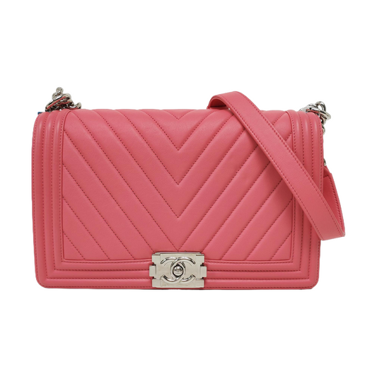 CHANEL BOY CHANEL Medium Pink Calfskin Quilted V Crossbody Bag Shoulder Bag Silver Hardware 22 Opening Removable Strap-(SKU)-968899749