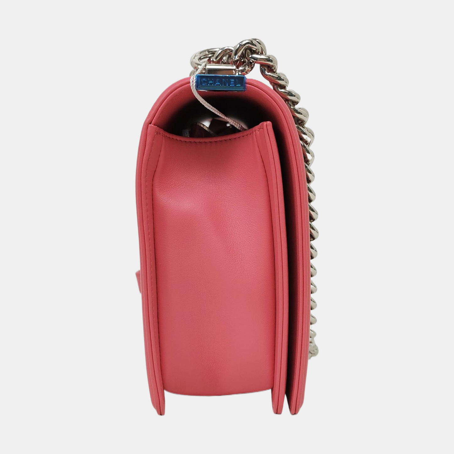 CHANEL BOY CHANEL Medium Pink Calfskin Quilted V Crossbody Bag Shoulder Bag Silver Hardware 22 Opening Removable Strap-(SKU)-968899749