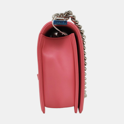 CHANEL BOY CHANEL Medium Pink Calfskin Quilted V Crossbody Bag Shoulder Bag Silver Hardware 22 Opening Removable Strap-(SKU)-968899749