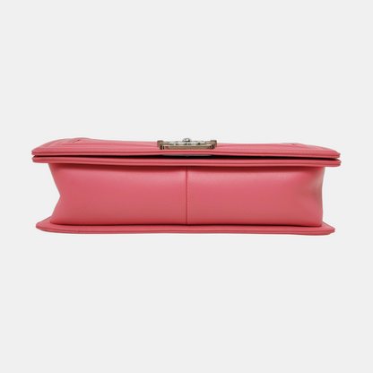 CHANEL BOY CHANEL Medium Pink Calfskin Quilted V Crossbody Bag Shoulder Bag Silver Hardware 22 Opening Removable Strap-(SKU)-968899749