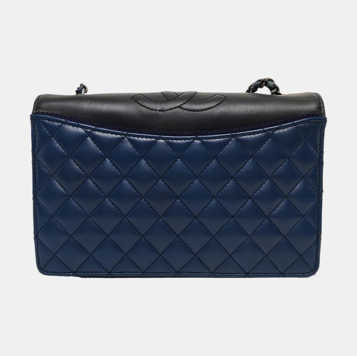 CHANEL BALLERINE Deep Blue Leather Quilted Monogram Shoulder Bag Crossbody Bag Silver Hardware 23cm-(SKU)-969147033