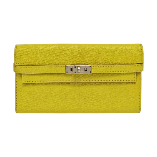 HERMÈS Kelly 19 Pale Green Chèvre Mysore Goat Leather Wallet Silver Hardware X Stamp External Stitch-(SKU)-969144221