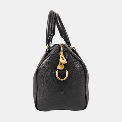 LOUIS VUITTON SPEEDY Medium-sized Black Leather Monogram Embossed Boston Bag Shoulder Bag Golden Hardware Removable Shoulder Strap-(SKU)-969021720