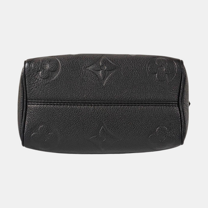 LOUIS VUITTON SPEEDY Medium-sized Black Leather Monogram Embossed Boston Bag Shoulder Bag Golden Hardware Removable Shoulder Strap-(SKU)-969021720