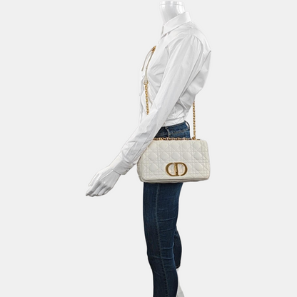 DIOR Dior Caro Medium White Calfskin Quilted Shoulder Bag with Gold Hardware-(SKU)-969148455