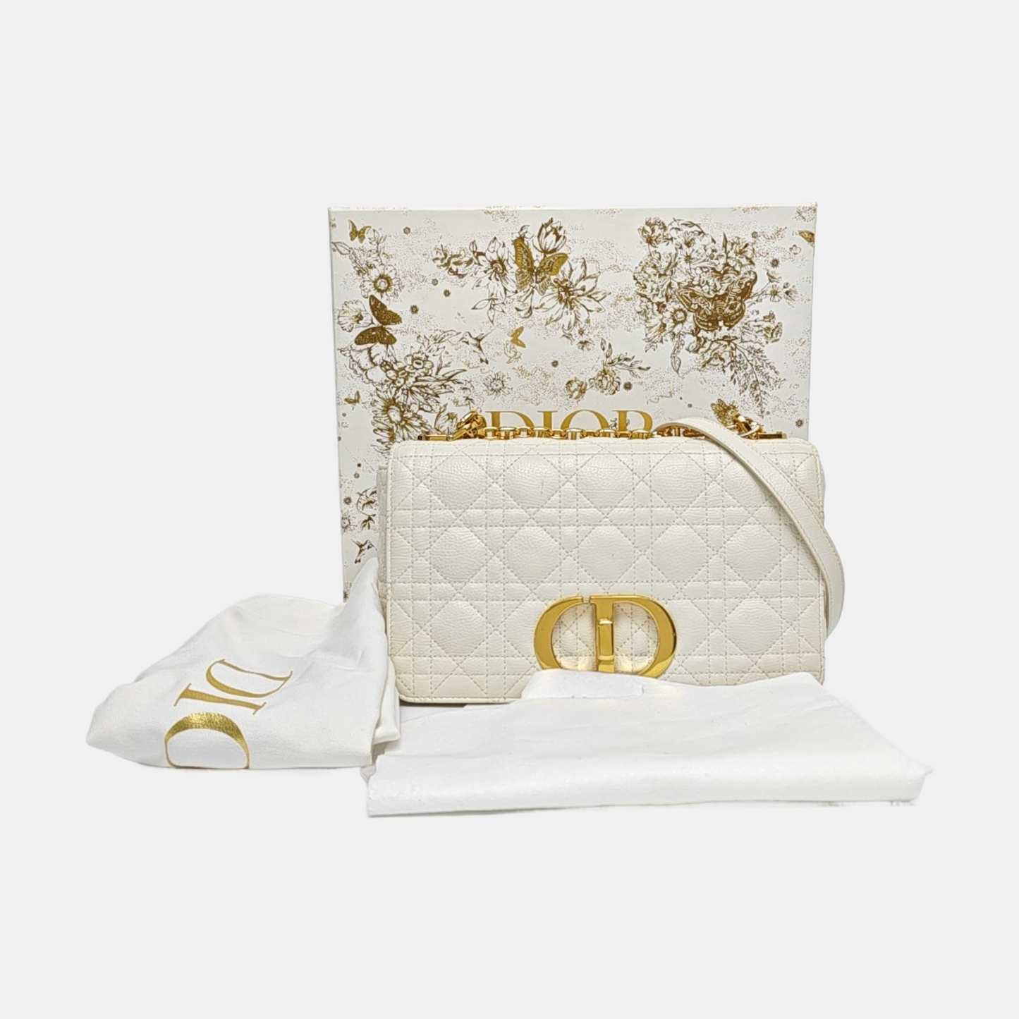 DIOR Dior Caro Medium White Calfskin Quilted Shoulder Bag with Gold Hardware-(SKU)-969148455