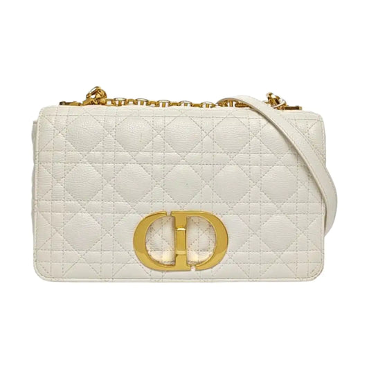 DIOR Dior Caro Medium White Calfskin Quilted Shoulder Bag with Gold Hardware-(SKU)-969148455