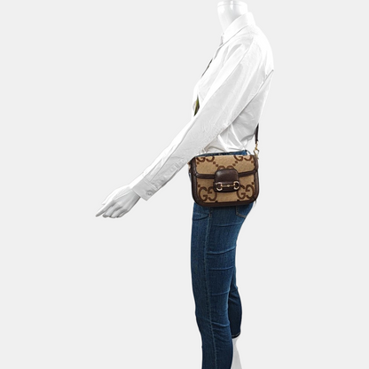 GUCCI Horsebit 1955 Mini Khaki Canvas Monogram Interlocking G Buckle Crossbody Shoulder Bag 2 Removable Straps Gold Hardware-(SKU)-968968428